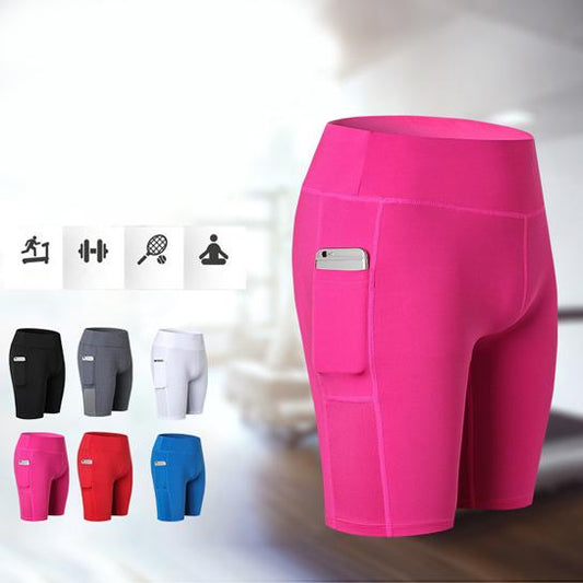 Pantalones cortos de yoga elásticos para todas las estaciones con bolsillo para el teléfono